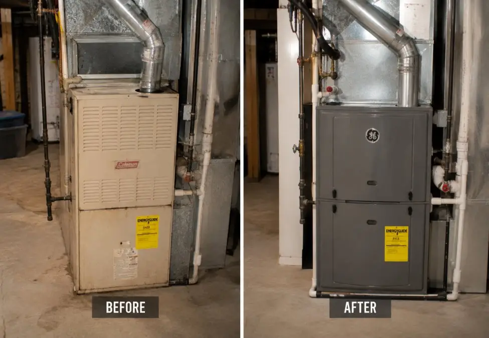 Two residential furnaces in a utility room for an HVAC repair pricing guide